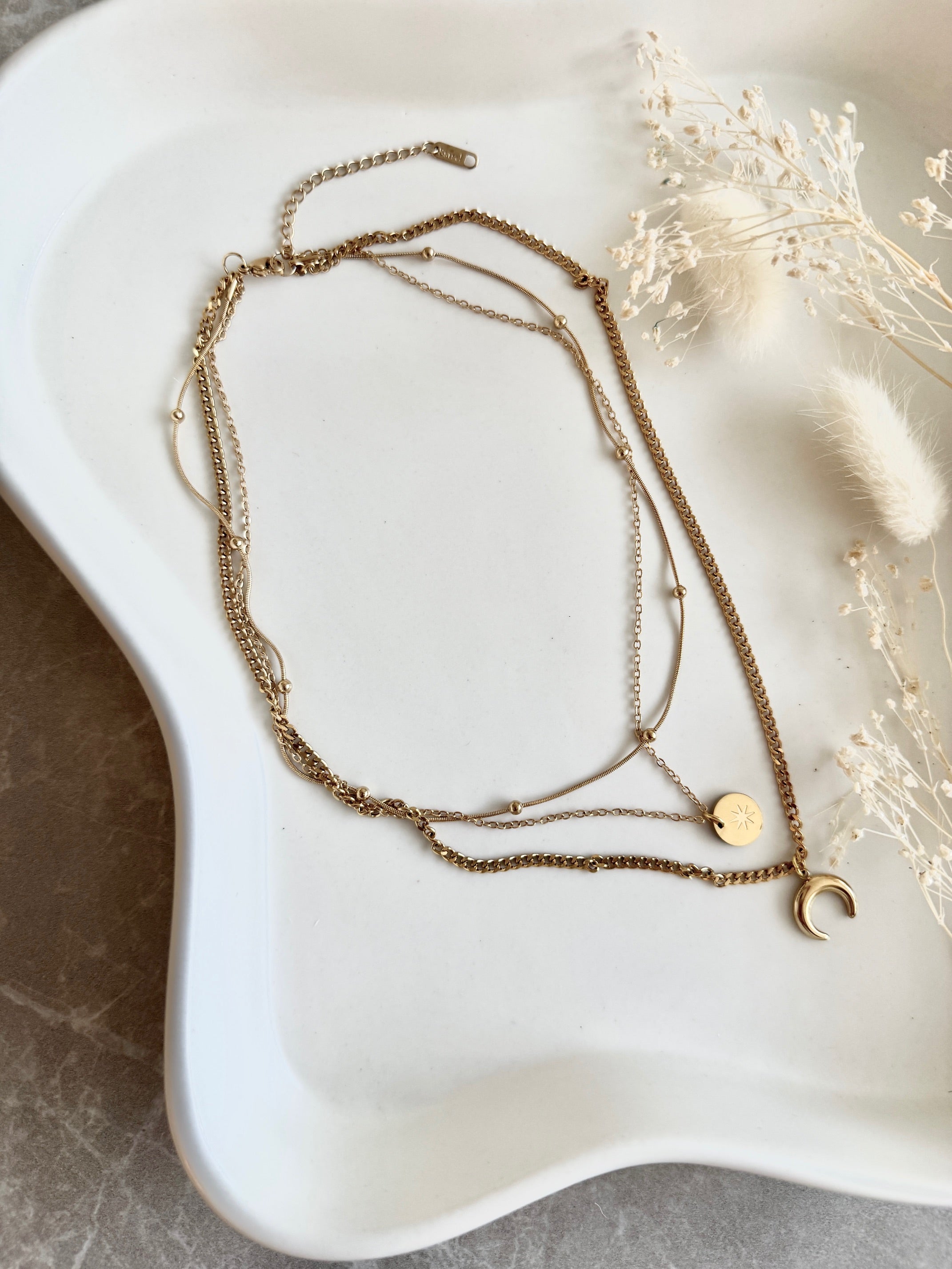 Halskette "Multi Layer Moon & Sun Gold"